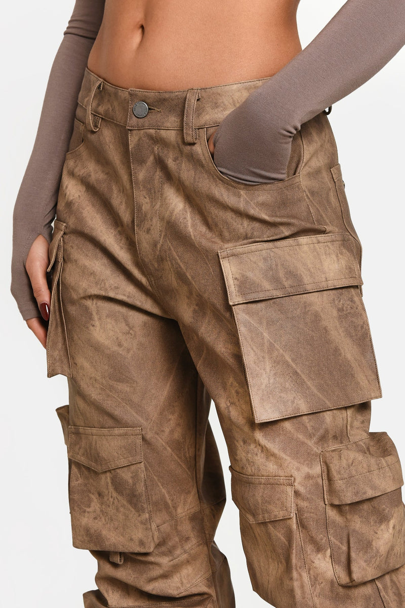 Brown Acid Wash Oversized Pocket Trouser