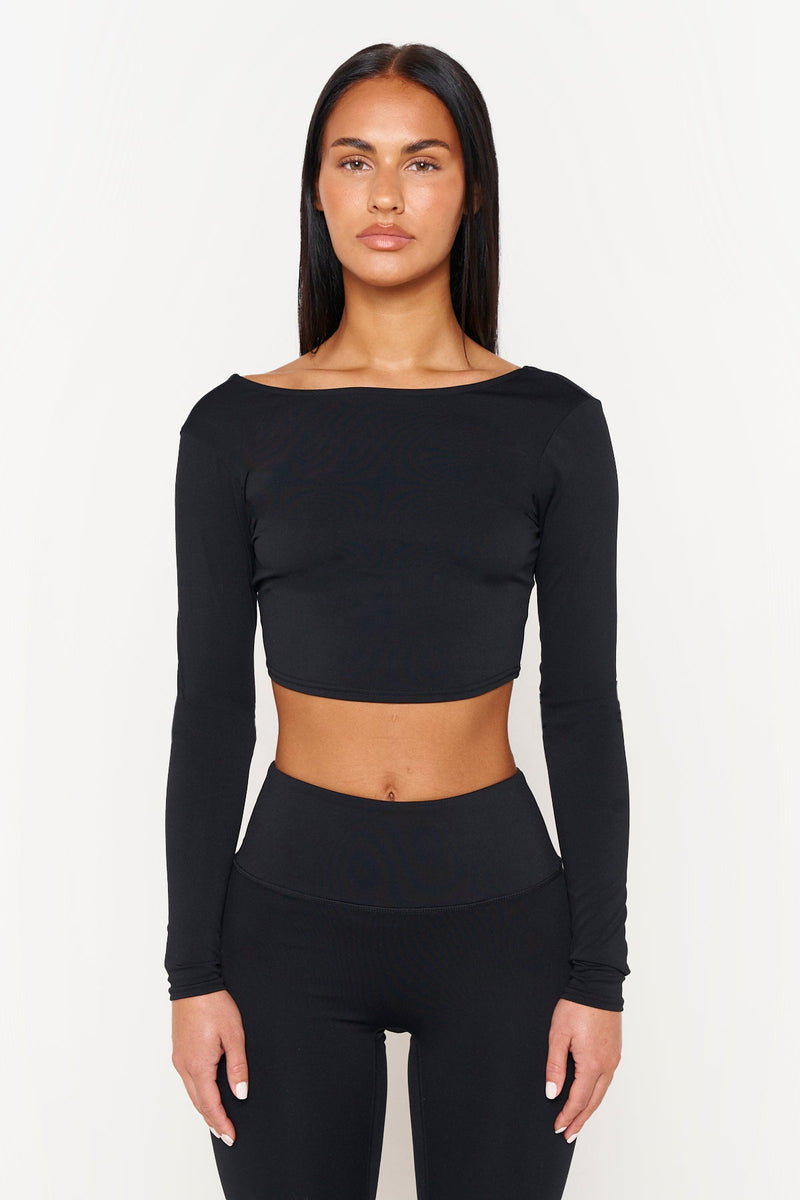 Black Recycled Open Back Long Sleeve Top
