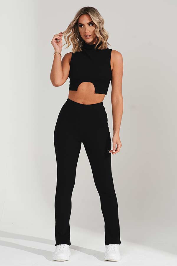Black Knitted High Neck Crop Top