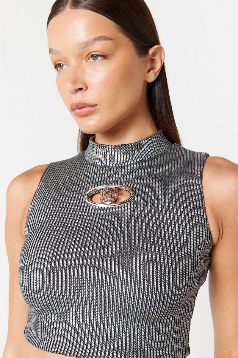 Silver Knitted Globe Sleeveless Crop Top