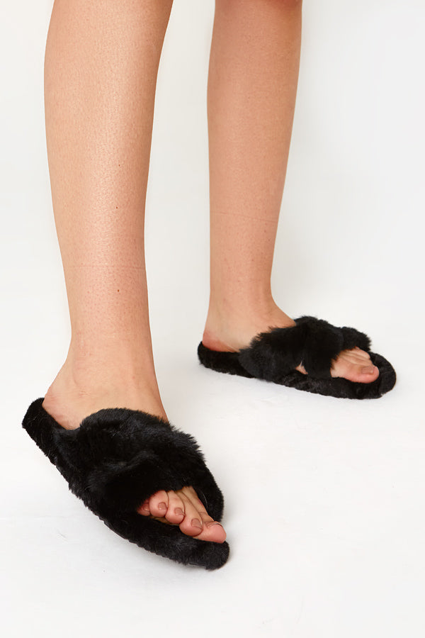 Cross Strap Fluffy Slippers in Black Vegan Fur