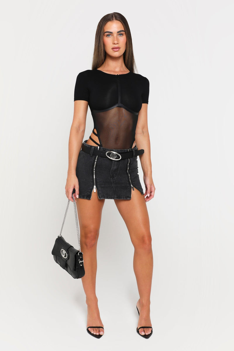 Black Wash Zip Detail Denim Mini Skirt