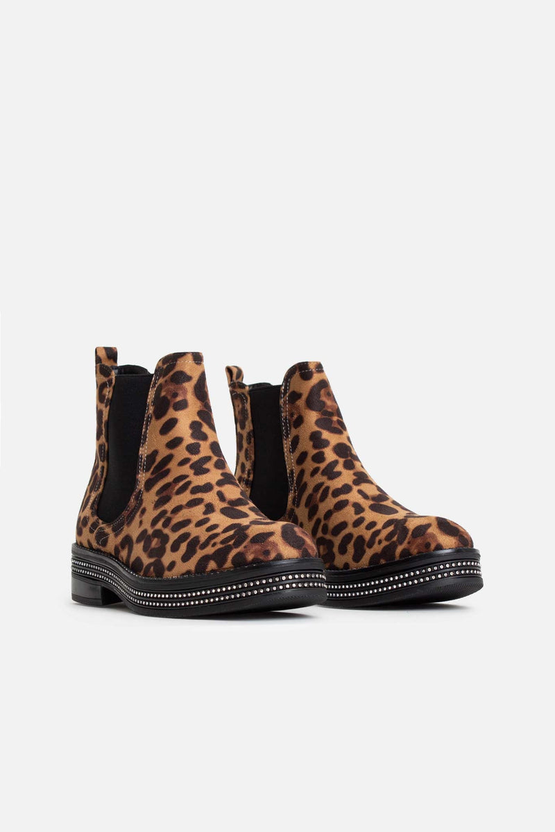 Aina Diamante Studded Ankle Boots in Leopard Vegan Suede