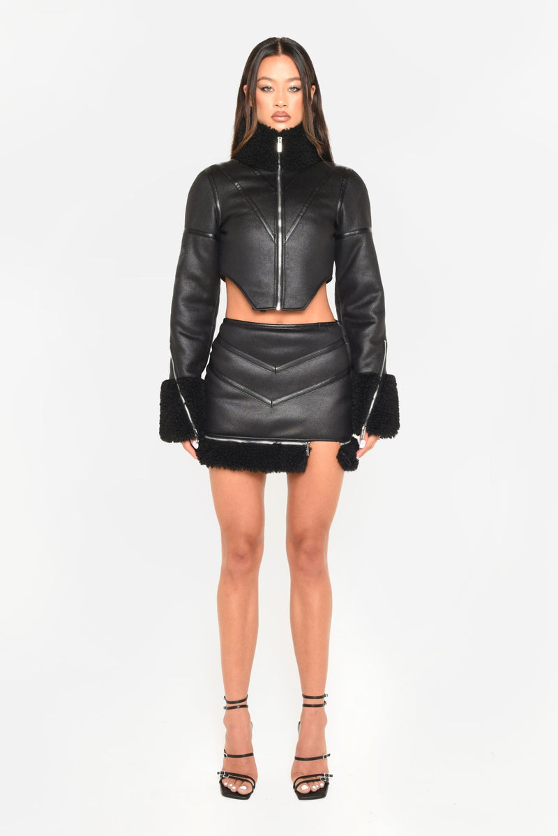 Black Shearling Cracked Vegan Leather Mini Skirt