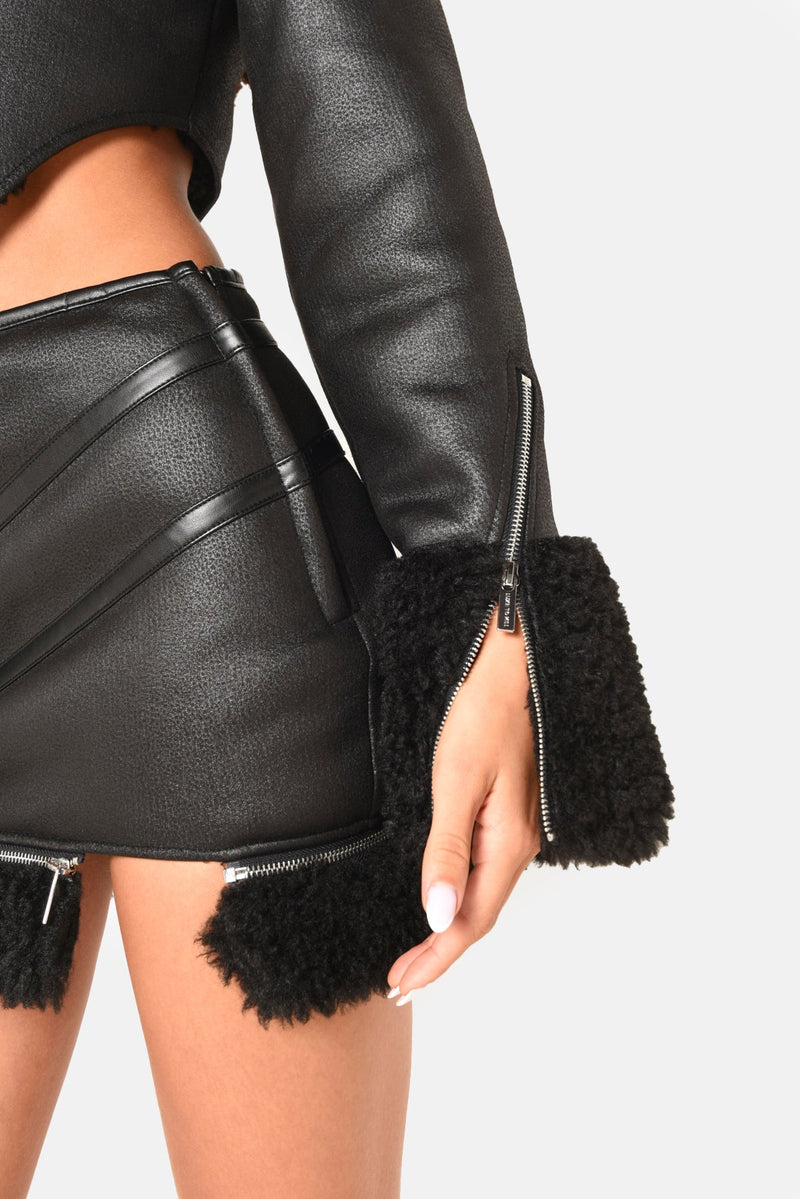 Black Shearling Cracked Vegan Leather Mini Skirt