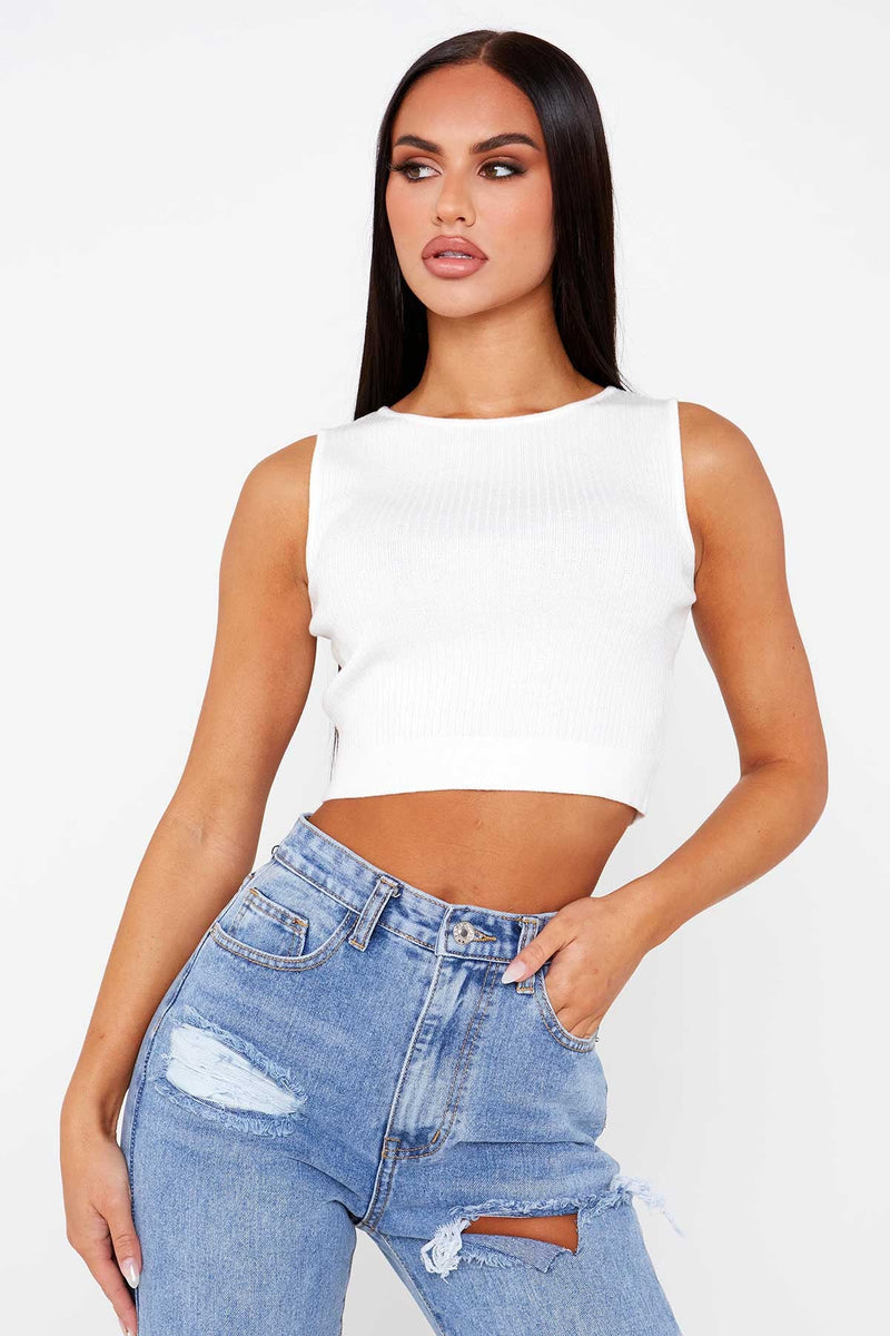White Ribbed High Neck Top