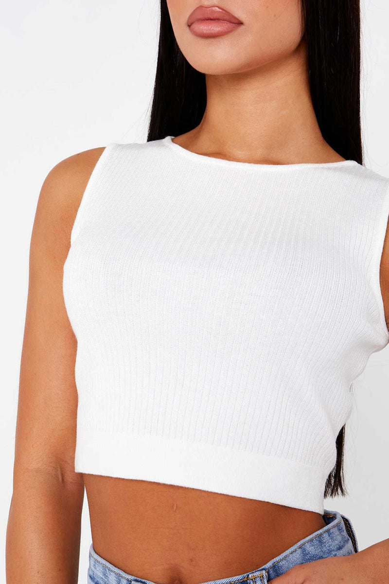White Ribbed High Neck Top