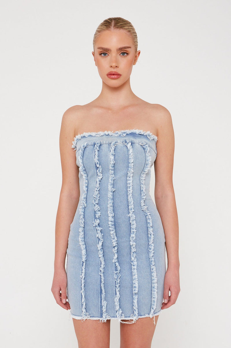 Blue Frayed Denim Mini Dress