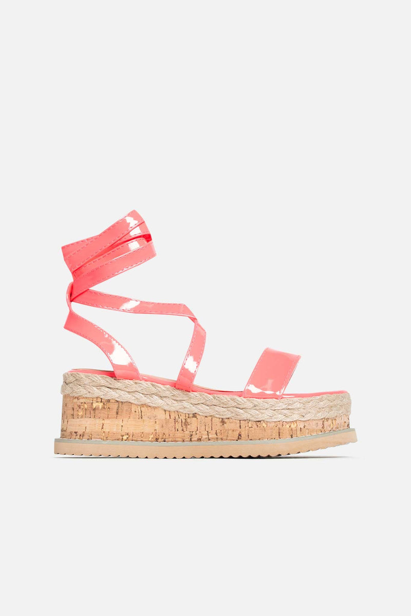 Lala Cork Flatform Sandals in Neon Pink Vegan Leather