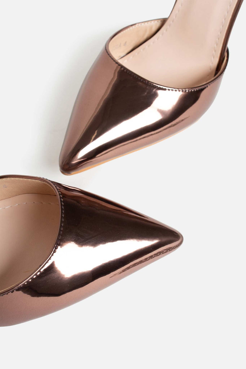 Isla Point Diamante Anklet Heels in Bronze Patent Vegan Leather