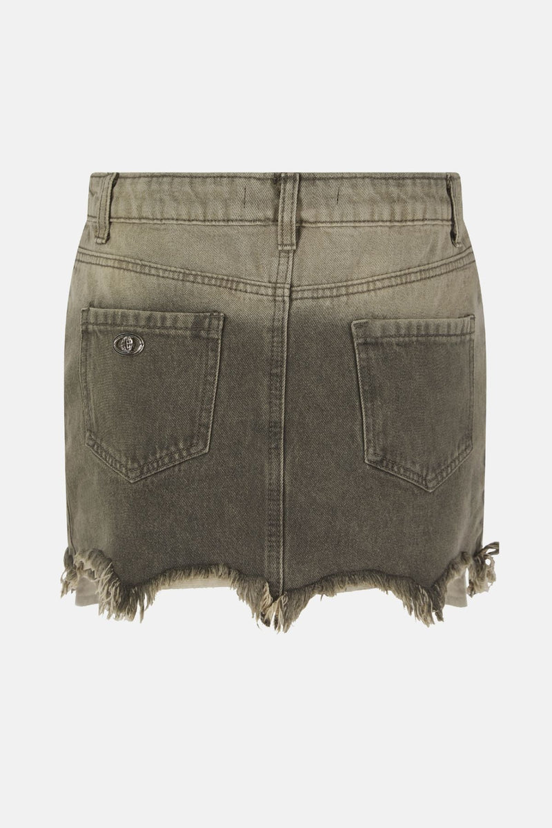 Khaki Vintage Distressed Denim Mini Skirt