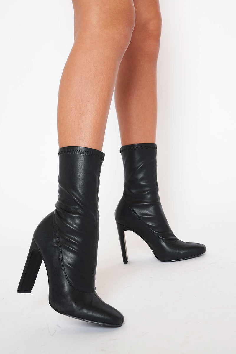 Winnie Rectangular Heeled Ankle Boots in Black Vegan Leather