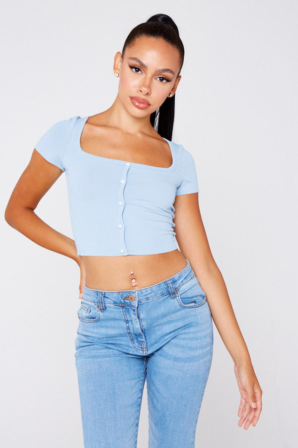 Baby Blue Square Neck Button Front Top