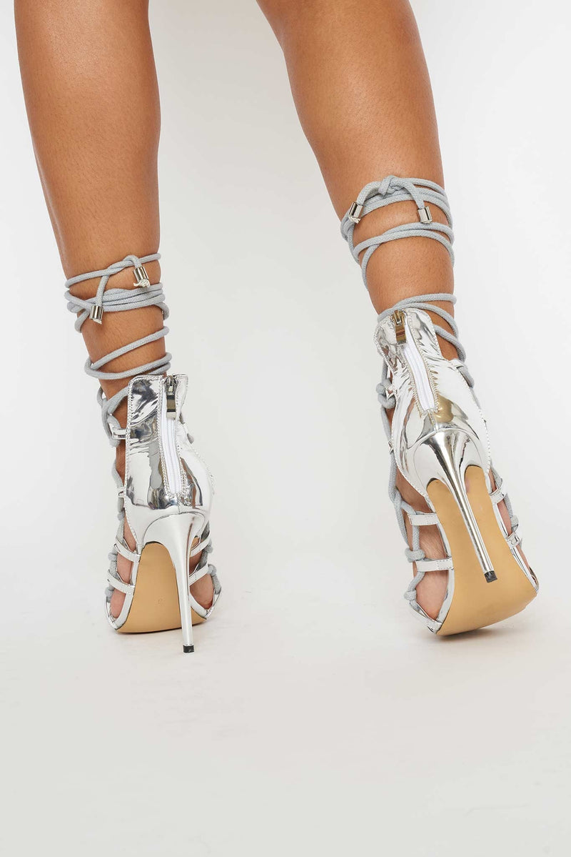 Skylar Rope Lace Up Heels in Silver Vegan Leather