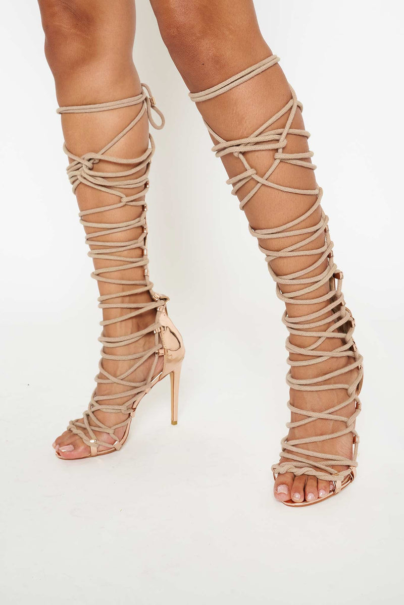 Sahara Knee High Rope Lace Up Sandals in Rose Gold Vegan Leather