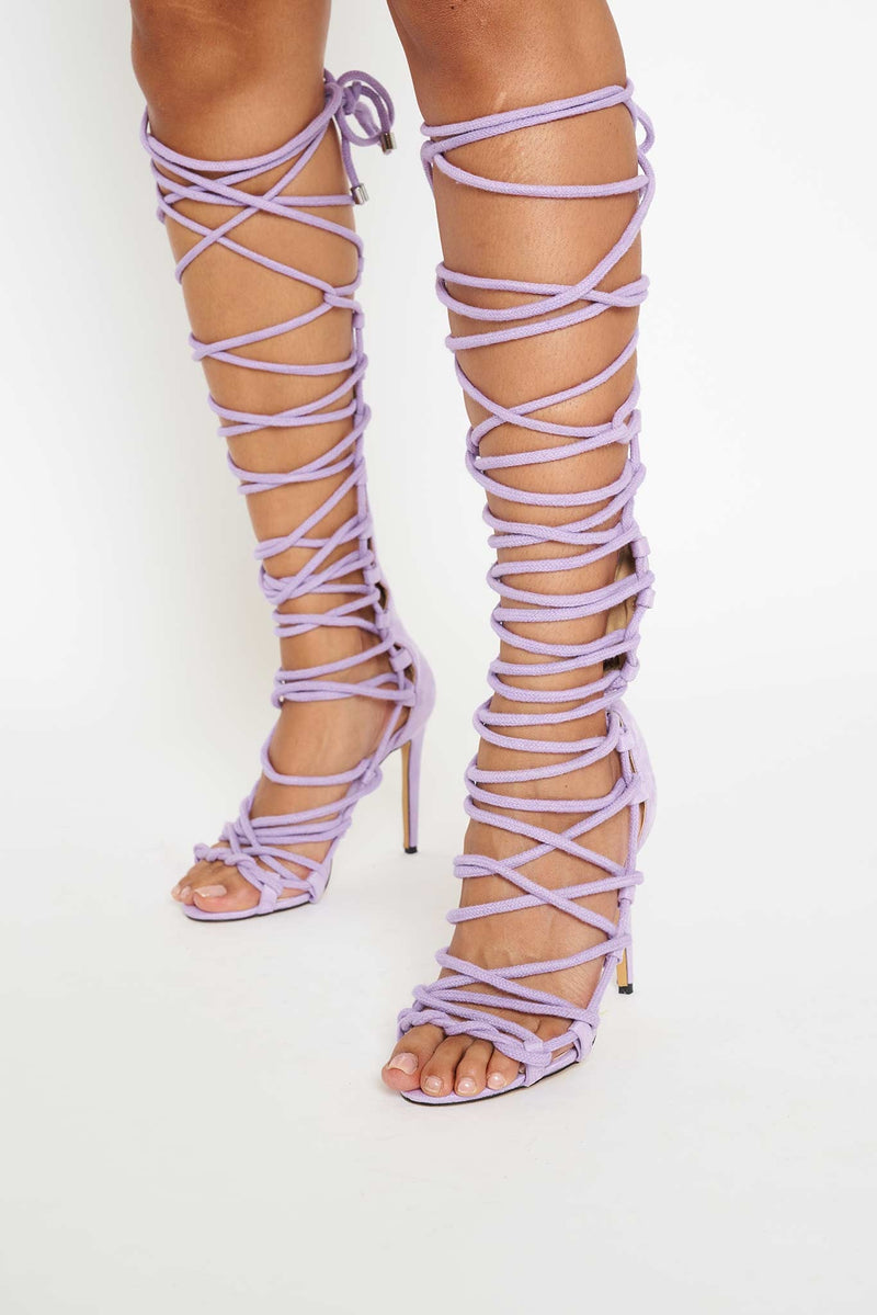 Sahara Knee High Rope Lace Up Sandals in Lilac Vegan Suede