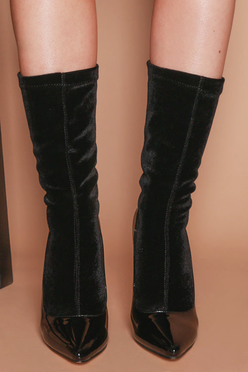 Miesha Velvet Sock Heels in Black Patent Vegan Leather
