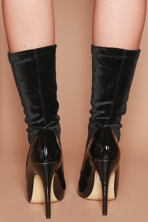 Miesha Velvet Sock Heels in Black Patent Vegan Leather