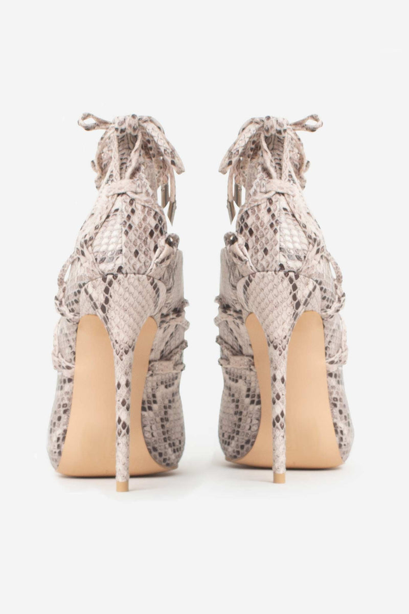 Mindy Lace Up Heels in Beige Vegan Snake Leather