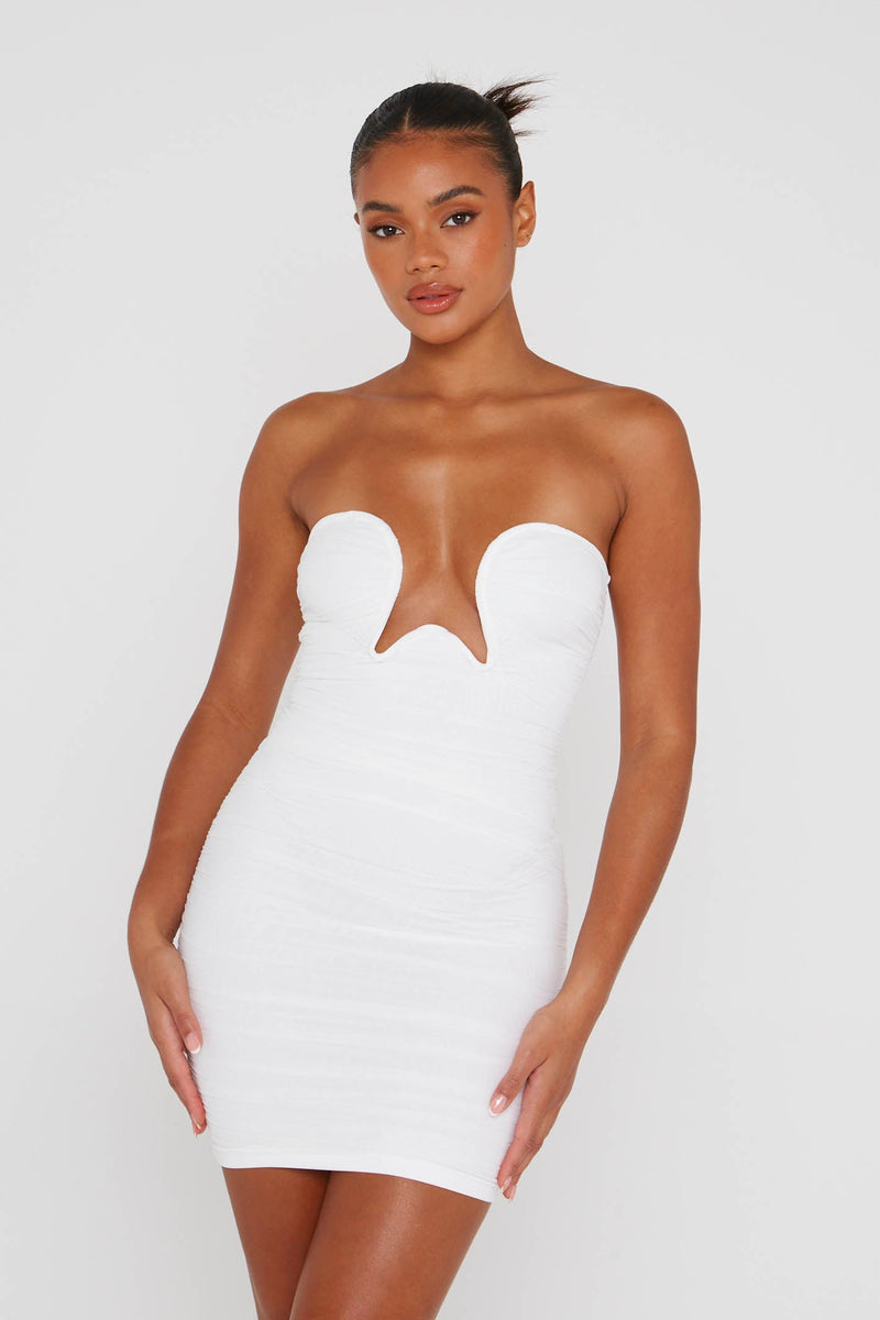 White Mini Ruched Bodycon Dress